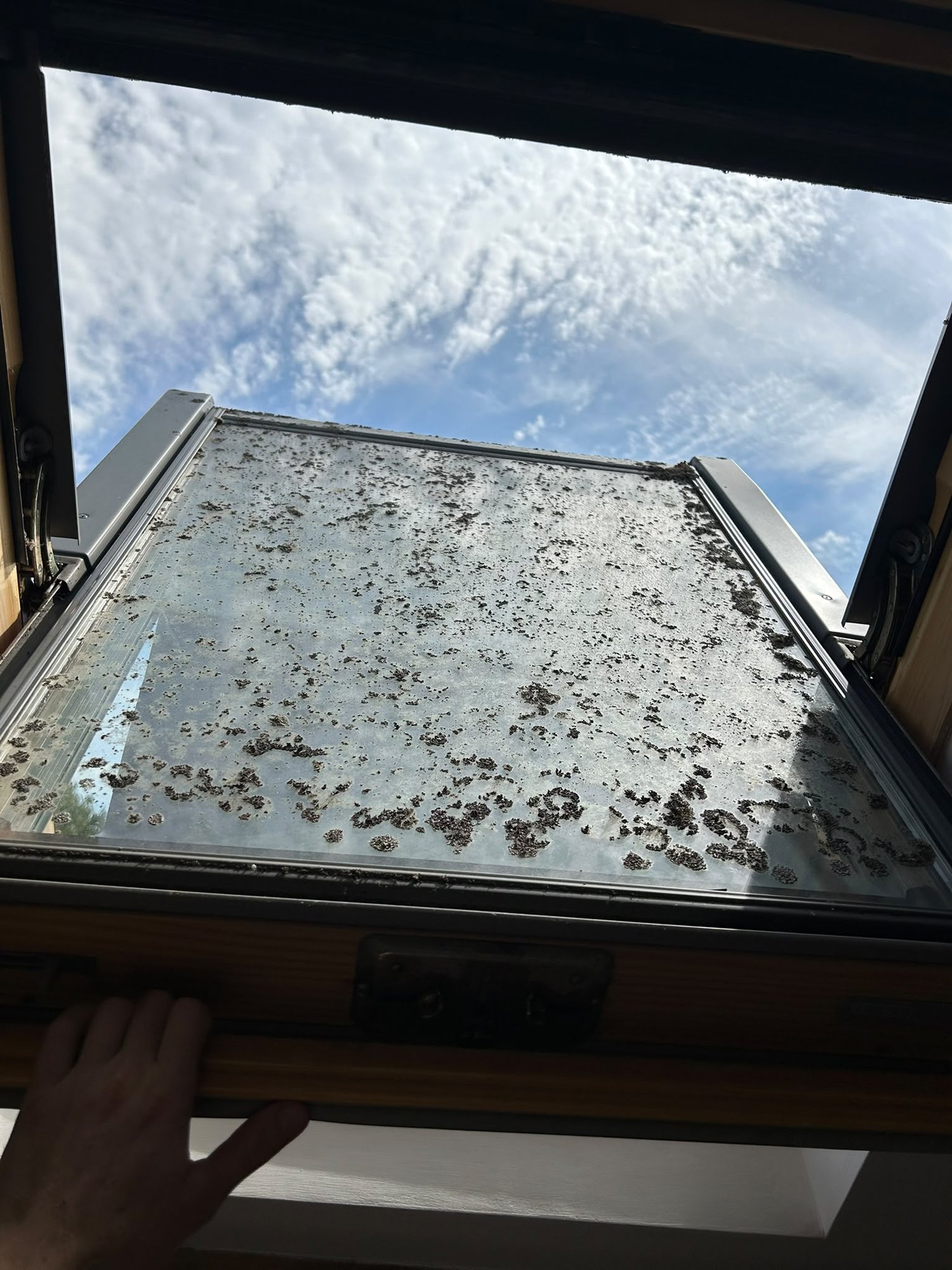 Skylight before cleaning, dirty glass and frames